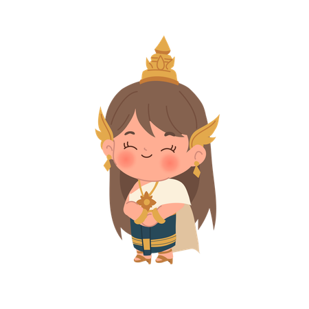 Adorable chibi thai character in cultural dress with gold ornaments Illustration