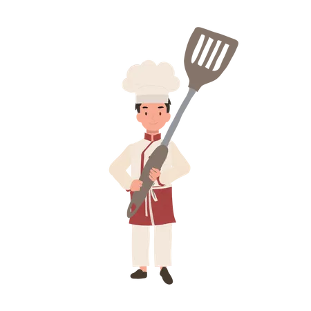 Adorable Child Chef Cooking With A Big Flipper Kid Chef Holding Huge Flipper Illustration