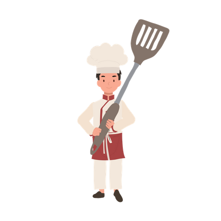 Adorable child chef cooking with a big flipper  Illustration