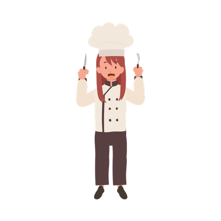 Adorable Child Chef Holding Fork and Knife  イラスト
