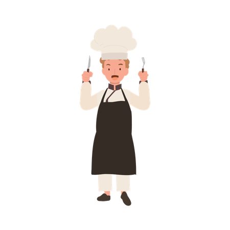 Adorable Child Chef Holding Fork and Knife  イラスト