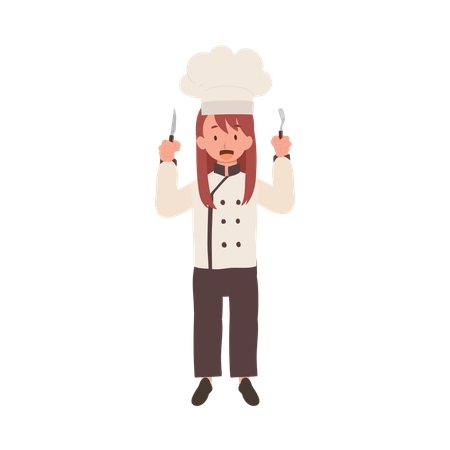 Adorable Child Chef Holding Fork and Knife  Ilustración