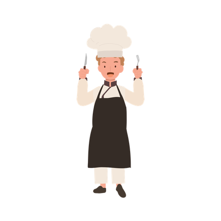 Adorable Child Chef Holding Fork and Knife  Ilustración