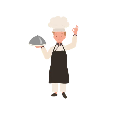 Adorable Child Chef In Chef Hat Doing OK Hand Sign Flat Vector Cartoon Illustration Illustration
