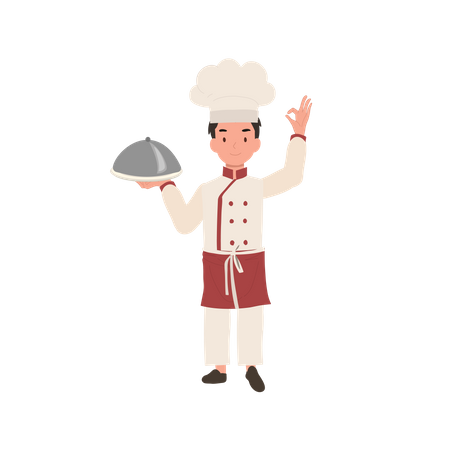 Adorable child chef in chef hat doing ok hand sign  Illustration