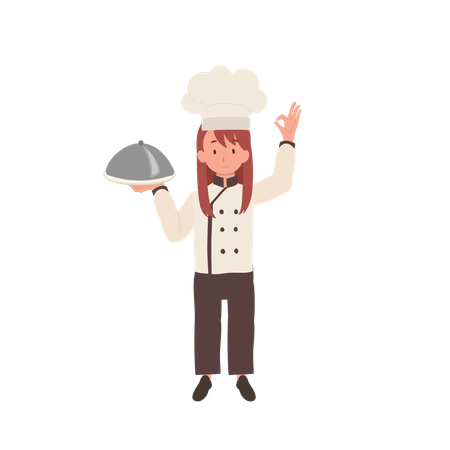 Adorable Child Chef in Chef Hat Doing OK Hand Sign  Illustration