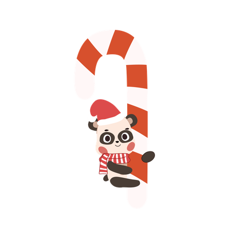 Adorable Christmas Panda Climbing a Candy Cane  Illustration