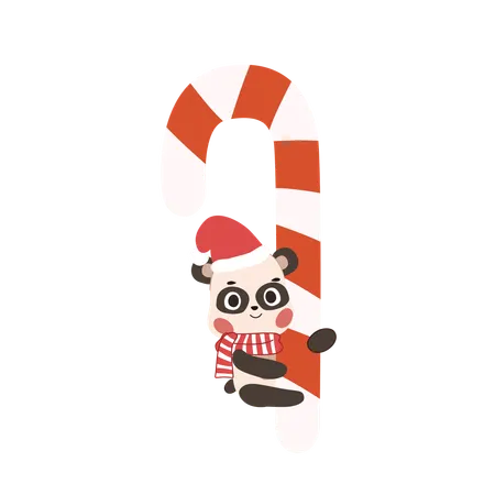 Adorable Christmas Panda Climbing a Candy Cane  Illustration