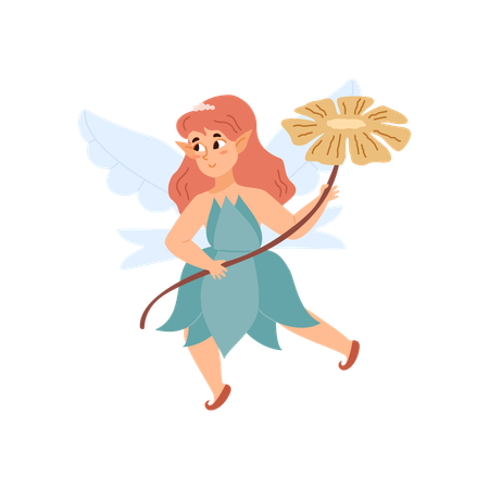 Adorable fairy girl flying, holding beautiful flower  Illustration