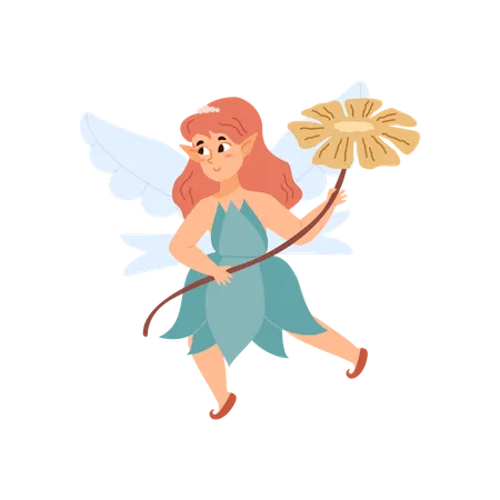 Adorable fairy girl flying, holding beautiful flower  Illustration