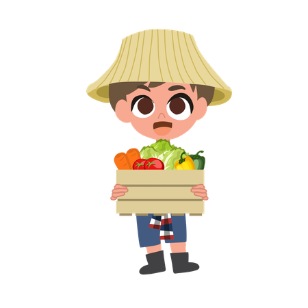 Adorable Farmer With Box Of Fresh Vegetables  Illustration