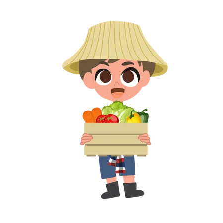 Adorable Farmer With Box Of Fresh Vegetables  Illustration