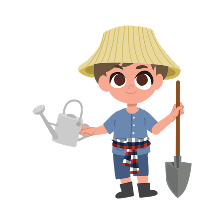 Adorable fermier avec des outils agricoles manuels  Illustration