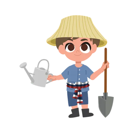 Adorable fermier avec des outils agricoles manuels  Illustration