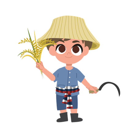 Adorable fermier avec des outils agricoles manuels  Illustration