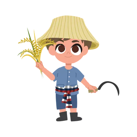 Adorable fermier avec des outils agricoles manuels  Illustration