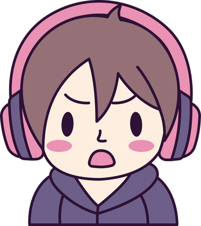 Adorable personnage de dessin animé de garçon gamer portant un casque avec une expression choquée  Illustration