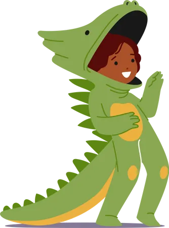 Adorable Child Character Dons Green Dinosaur Costume Complete With Vibrant Scales And Playful Tail Bringing Prehistoric Fun To Life With Every Step Cartoon People Vector Illustration Illustration