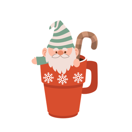 Adorable gnome de Noël de dessin animé à l'intérieur d'une tasse festive, parfait pour la décoration des fêtes de fin d'année et les œuvres d'art de Noël  Illustration