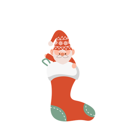 Adorable gnome de Noël niché dans une chaussette rouge  Illustration