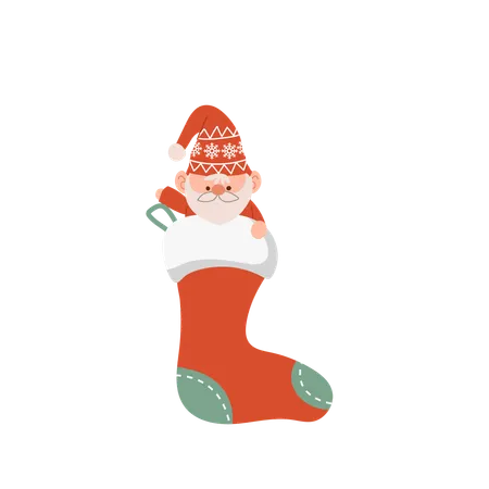 Adorable gnome de Noël niché dans une chaussette rouge  Illustration