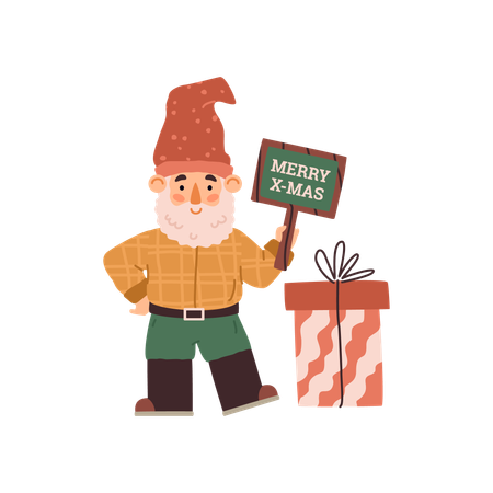 Adorable gnome with beard in hat congratulates on Christmas  Illustration