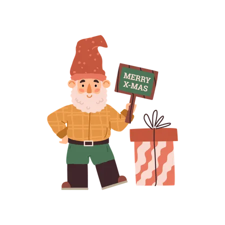 Adorable gnome with beard in hat congratulates on Christmas  Illustration