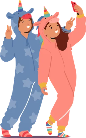 Adorable Kids Characters Don Unicorn Themed Kigurumi Pajamas Making Selfie On Smartphone Transforming Bedtime Into A Magical Adventure Filled With Whimsy And Imagination Cartoon Vector Illustration Illustration
