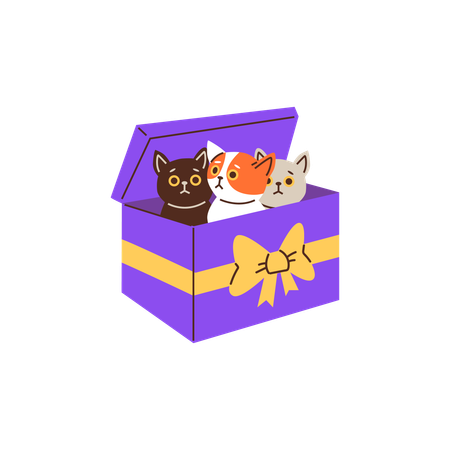 Adorable kittens snuggled in an yellow cardboard box with a bow  Illustration