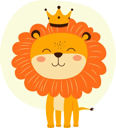 Adorable león con corona de rey en la jungla con expresión feliz  Ilustración