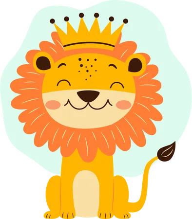 Adorable león con corona de rey en la jungla con expresión feliz  Ilustración