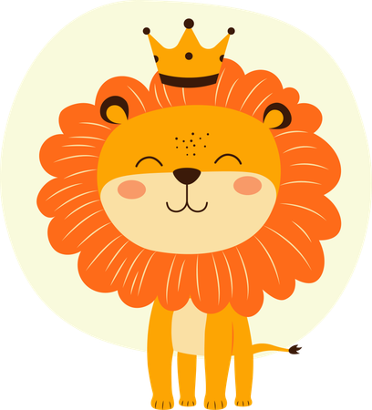 Adorable lion portant une couronne royale dans la jungle avec une expression heureuse  Illustration