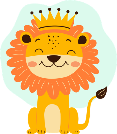 Adorable lion portant une couronne royale dans la jungle avec une expression heureuse  Illustration