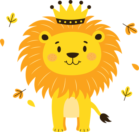 Adorable lion portant une couronne royale dans la jungle avec une expression heureuse  Illustration