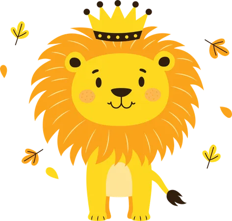 Adorable lion portant une couronne royale dans la jungle avec une expression heureuse  Illustration