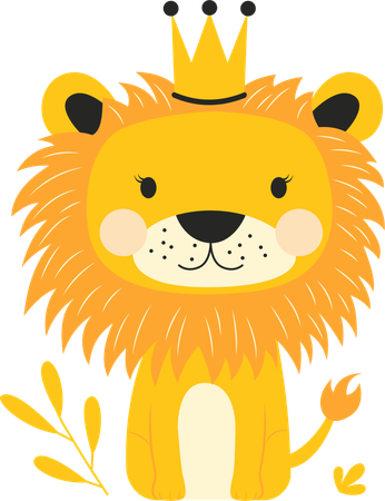 Adorable lion portant une couronne royale dans la jungle avec une expression heureuse  Illustration