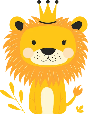 Adorable lion portant une couronne royale dans la jungle avec une expression heureuse  Illustration