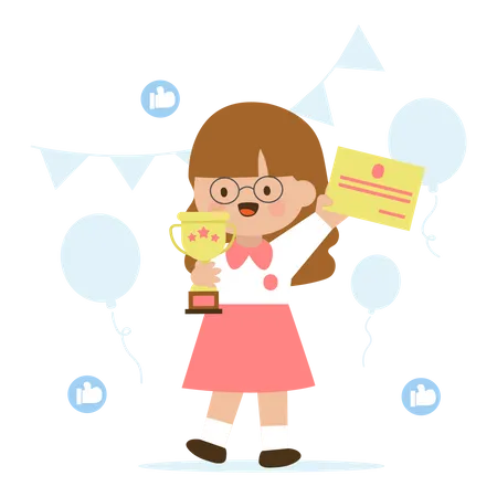 Adorable little girl receives certificate and golden trophy Illustration