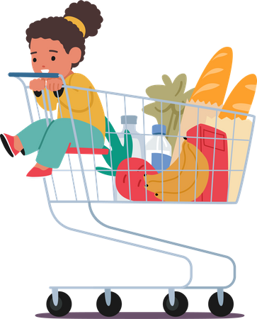 Adorable Little Girl Sitting Happily In A Supermarket Trolley  Illustration