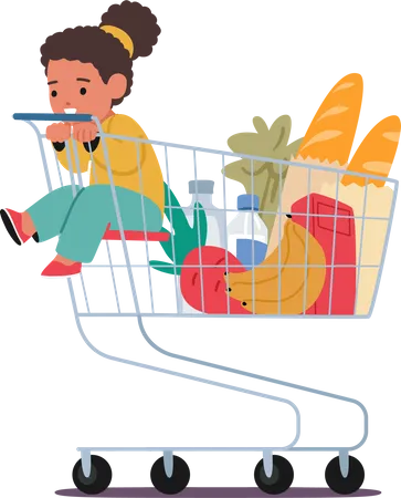 Adorable Little Girl Sitting Happily In A Supermarket Trolley With Bright Eyes And A Big Smile As Her Parents Shop For Groceries Baby Character Isolated On White Cartoon People Vector Illustration Illustration