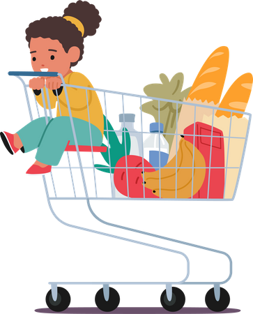 Adorable Little Girl Sitting Happily In A Supermarket Trolley  Illustration