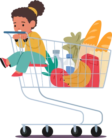 Adorable Little Girl Sitting Happily In A Supermarket Trolley  Illustration