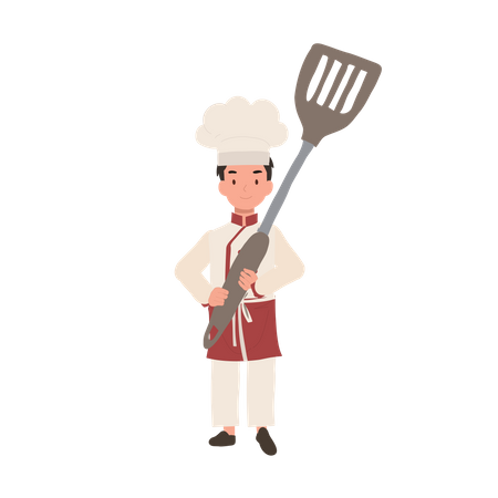 Adorable niño chef cocinando con una gran aleta  Ilustración