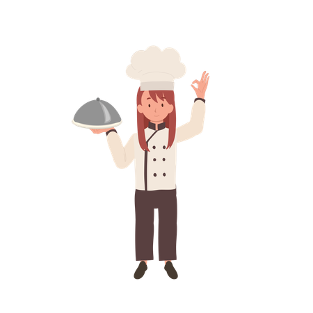 Adorable niño chef con gorro de chef haciendo la señal de mano correcta  Ilustración