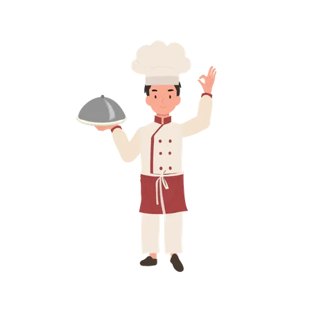 Adorable Nino Chef Con Sombrero De Chef Haciendo Signo De Mano OK Ilustracion De Dibujos Animados De Vector Plano Ilustración