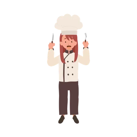 Adorable niño chef sosteniendo tenedor y cuchillo  Ilustración