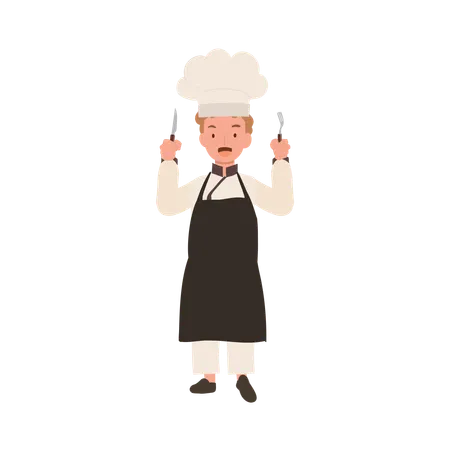 Adorable niño chef sosteniendo tenedor y cuchillo  Ilustración