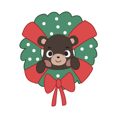 Adorable oso kawaii acurrucado en una corona navideña, mostrando un alegre espíritu navideño.  Ilustración