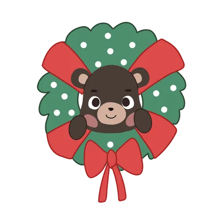 Adorable oso kawaii acurrucado en una corona navideña, mostrando un alegre espíritu navideño.  Ilustración