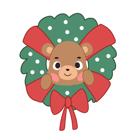 Adorable oso kawaii acurrucado en una corona navideña, mostrando un alegre espíritu navideño.  Ilustración